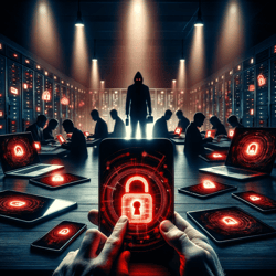 DALL·E 2024-01-29 12.40.40 - A darker, more ominous interpretation of the Bring Your Own Device (BYOD) concept, portraying the potential security risks and challenges. The image