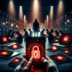 DALL·E 2024-01-29 12.40.40 - A darker, more ominous interpretation of the Bring Your Own Device (BYOD) concept, portraying the potential security risks and challenges. The image