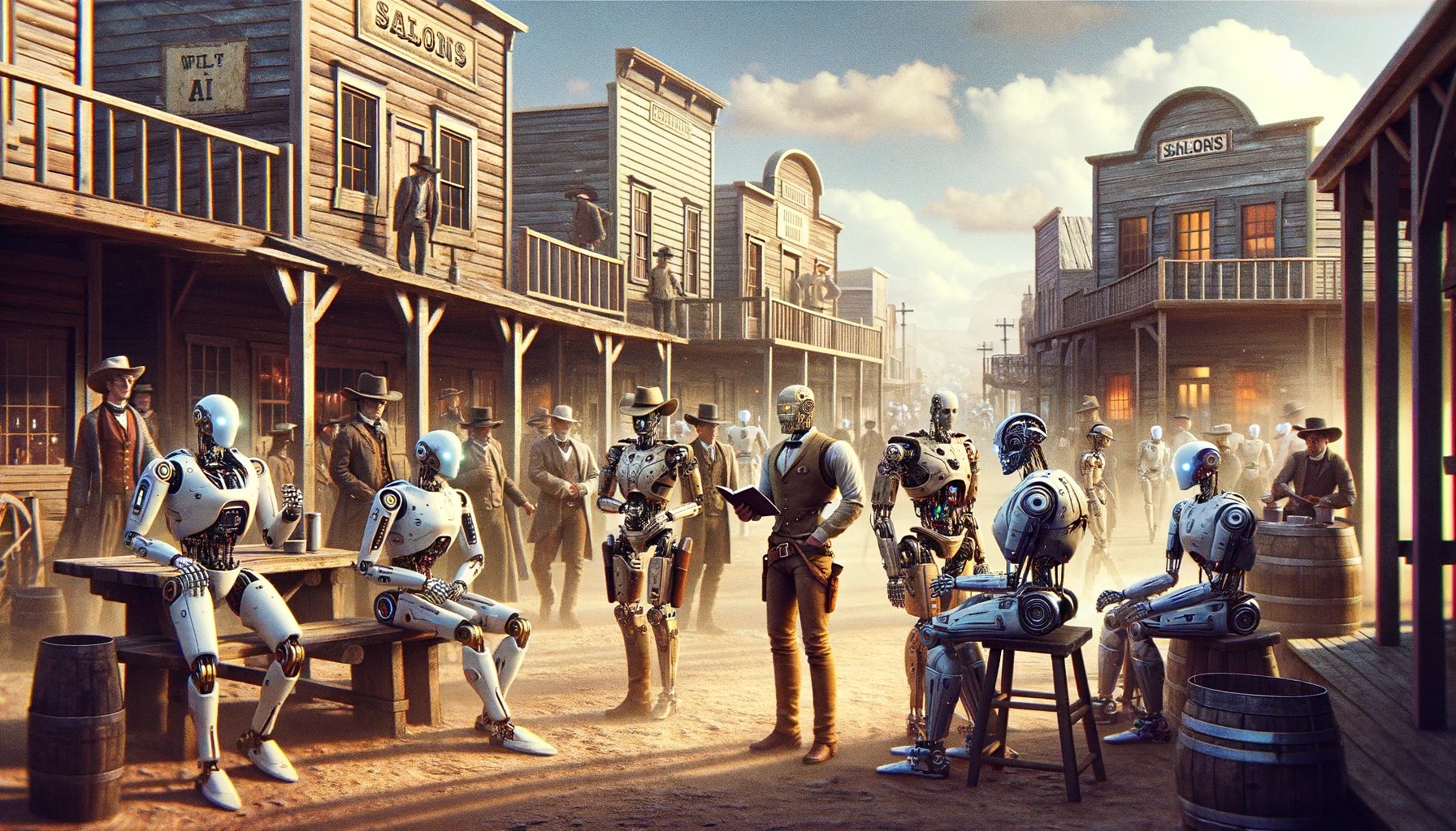 DALL·E 2024-02-19 14.02.58 - Transform the previously created 1920x1080px Wild West AI landscape image by replacing all human characters with robots and cyborgs. The scene should 