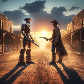 DALL·E 2024-02-19 14.19.57 - Create an image where the cowboy robot from the previous scenes is now facing off against a human in a classic Wild West duel. The setting is the same