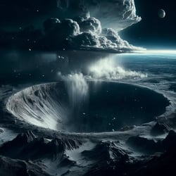DALL·E 2024-06-03 13.19.12 - A dramatic image from the perspective of the moon, overlooking a large crater on the lunar surface. The scene is dark and brooding, with a hail storm 