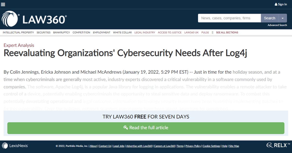 PacketWatch Log4J Article Published on Law360