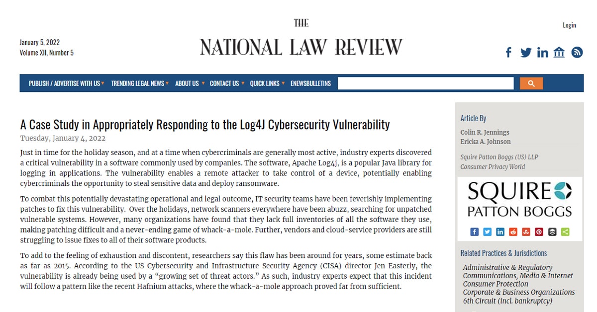 PacketWatch Log4J Article Published in National Law Review